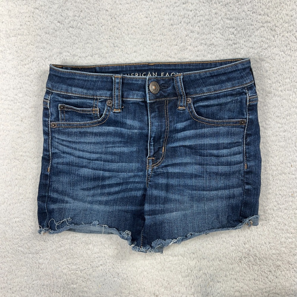 American Eagle Hi Rise Shortie Size 2 Next Level Stretch Denim Jean Shorts Blue